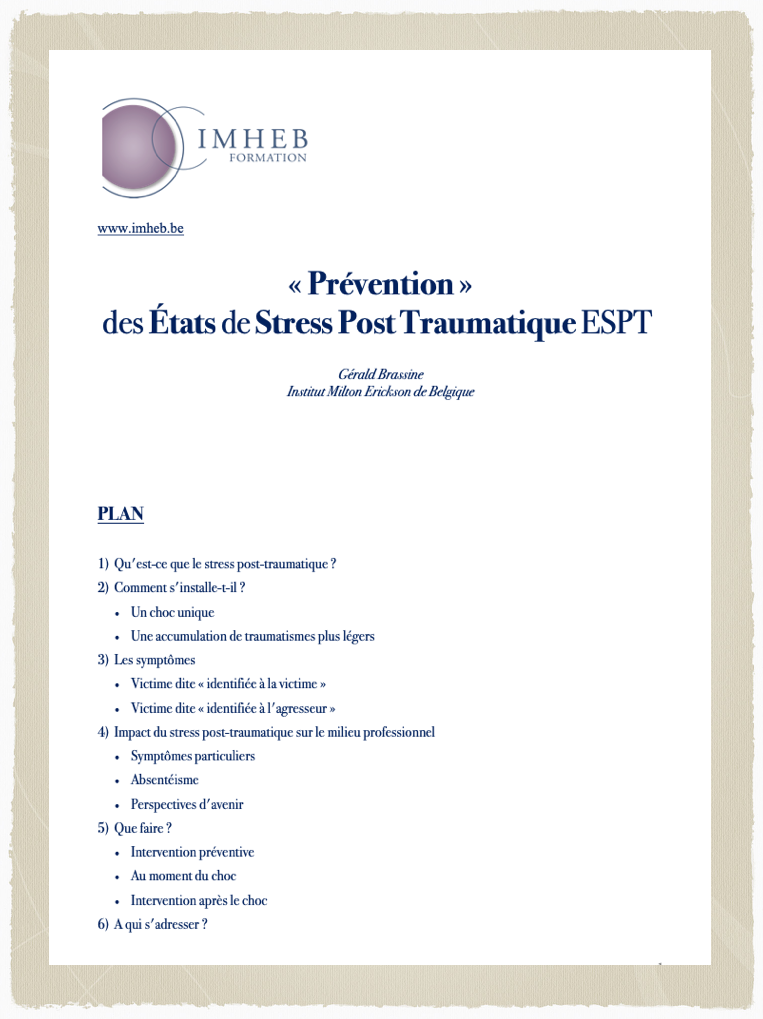 « Prévention » des États de Stress Post Traumatique ESPT